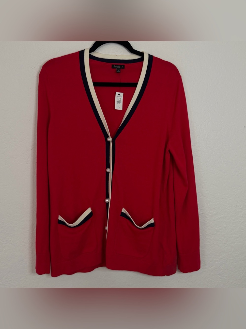 NWT Talbots Cardigan Sweater Size Large Petite Red Pearl Buttons Classic Preppy